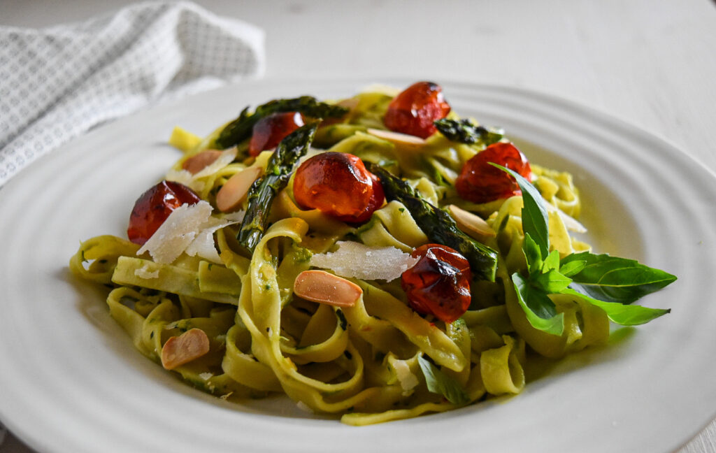 Pasta with Roasted Asparagus & Almond Pesto